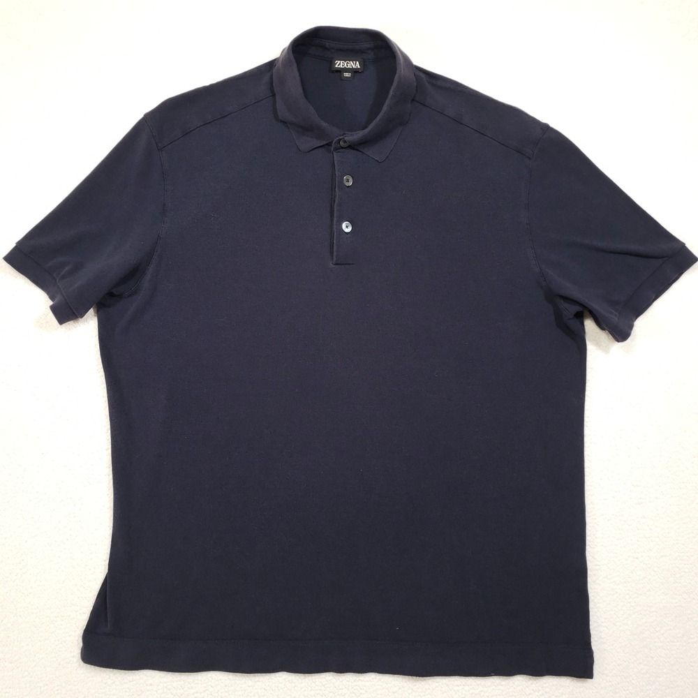 Zegna Polo Shirt Mens XXL 56 Navy Blue Short Sleeve Pique Cotton Classic Luxury